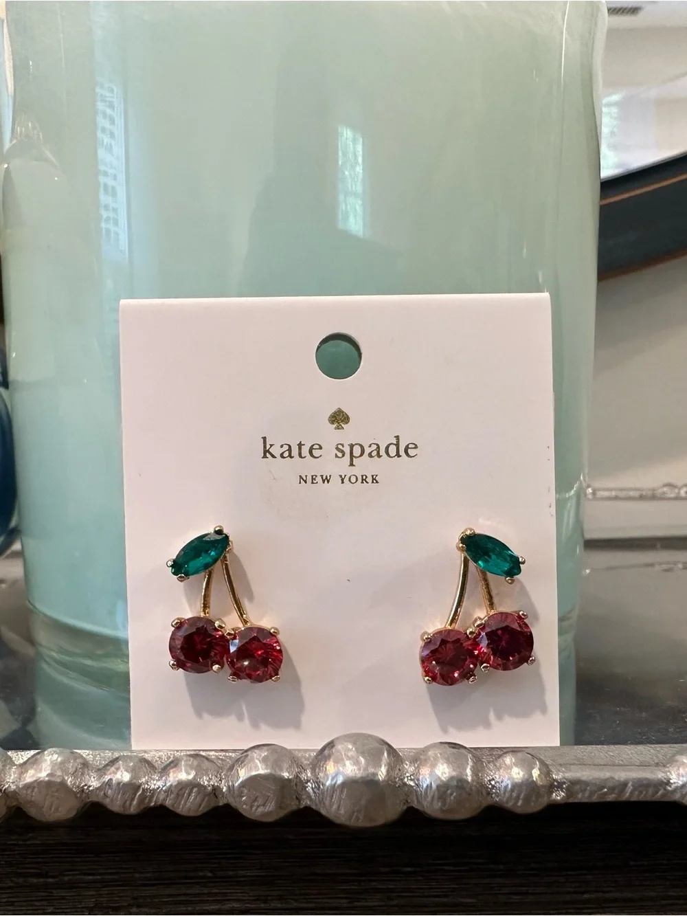 kate spade green leaf & red crystal cherry earrings